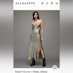 AllSaints 2-in-1 Tinsel Dress NWT (Khaki/Gold/Silver)